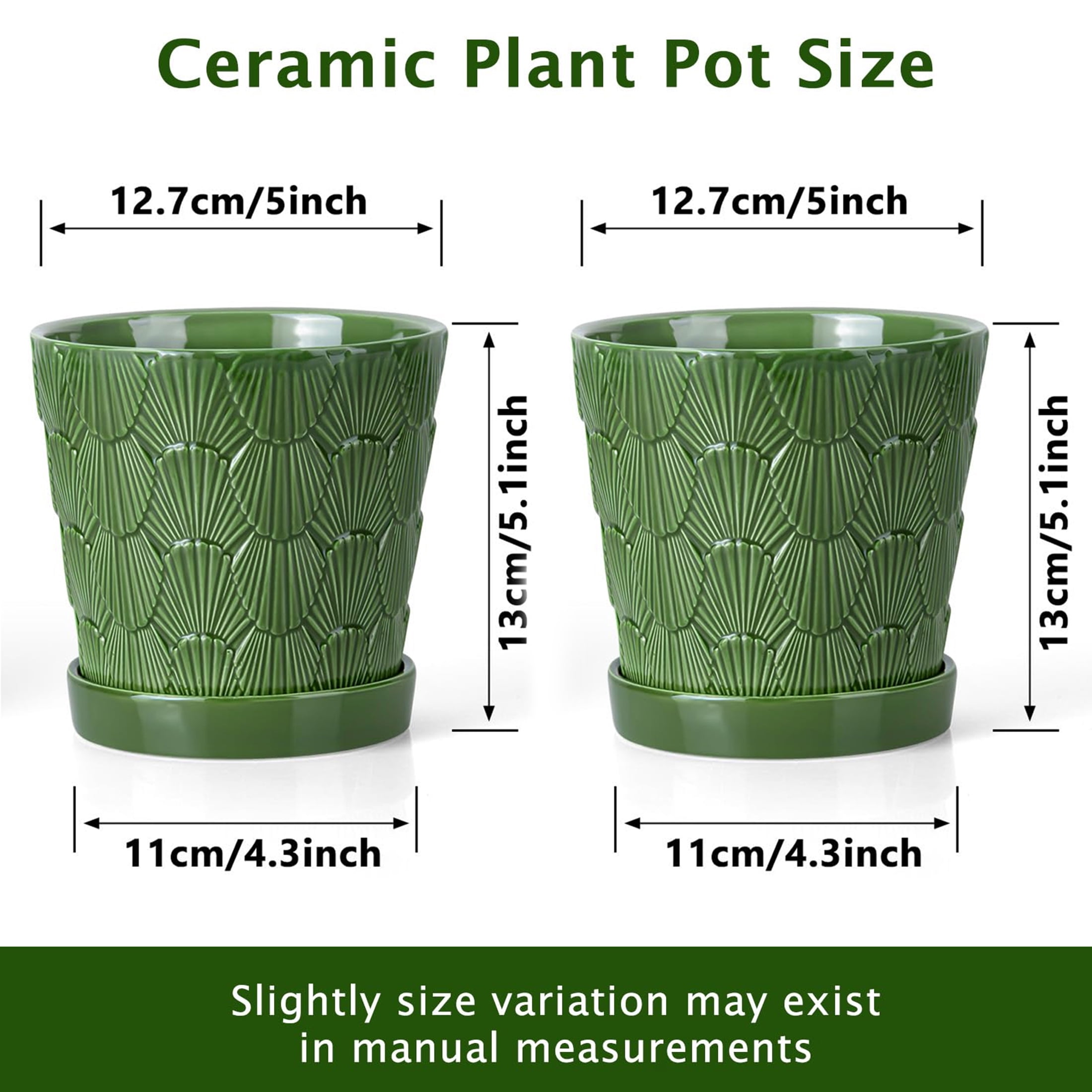 BUYMAX 5 inch Green Ceramic Flower Pots with Scallop Shell Pattern, Set of 4 - Decorative Planters with Drainage Holes & Trays - Perfect for Spring Herbs, Succulents, Windowsill & Balcony