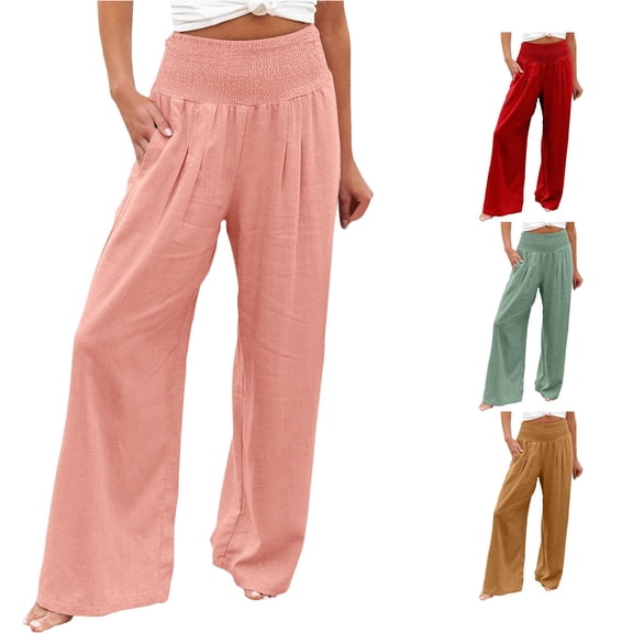 Tanghaowl Women's Pants, Women's Casual Pants High Waisted Wide Leg Loose Fit Palazzo Trousers Beach With Pockets Pink XXL