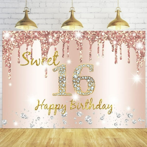 Sweet 16 Pink 16th Happy Birthday Backdrop Rose Gold Backdrop for Girls Birthday Sliver Diamonds Photography Background Sixteenth Birthday Background Party Decorations Banner
