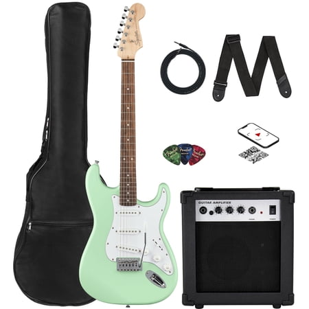Fender Squier Stratocaster Electric Guitar - Surf Green Bundle with Amplifier, Gig Bag, Cable, Strap, Picks, and Austin Bazaar Instructional Video