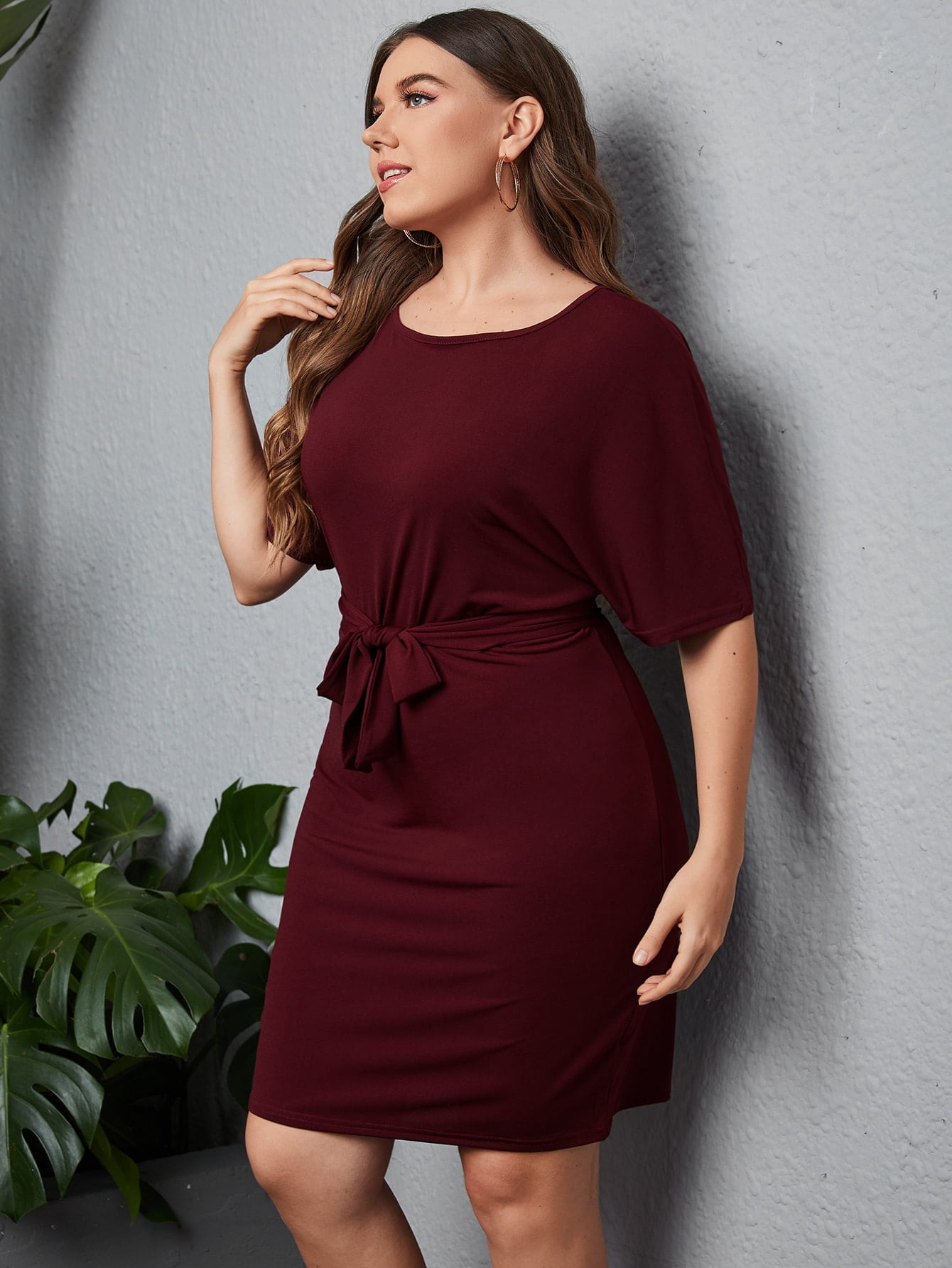 Women's Plus Solid Dolman Sleeve Belted 