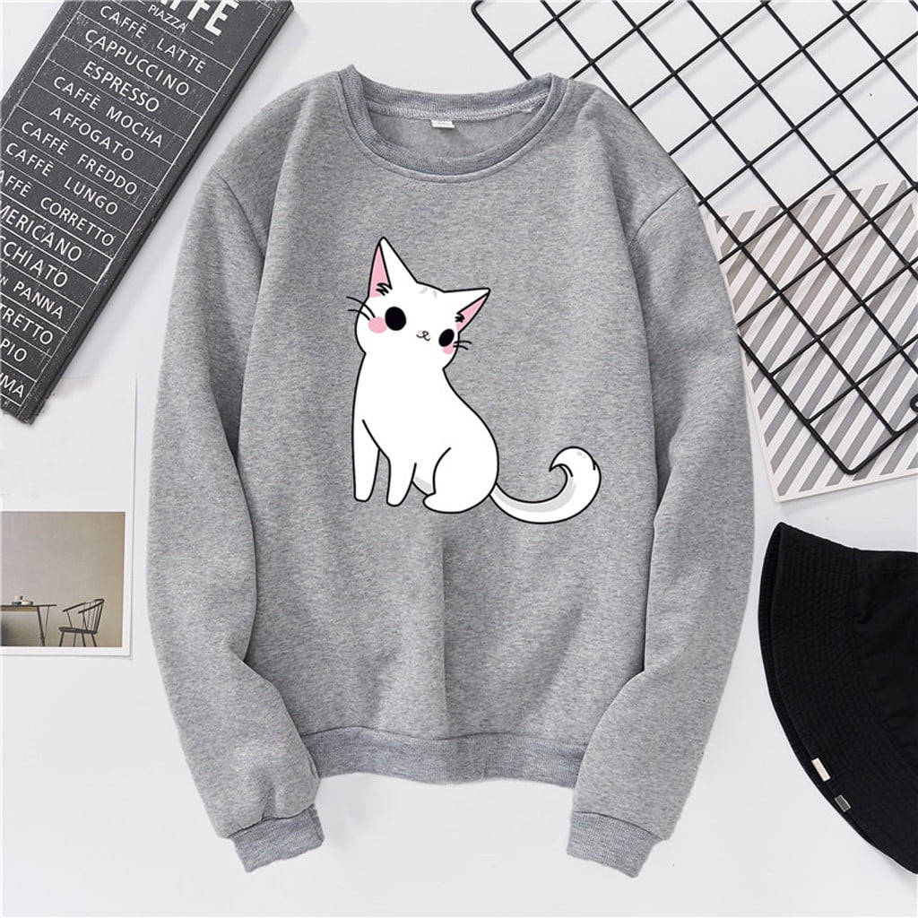 Hoodies for Women,Unisex Men Women Casual Long Sleeve O-Neck Cat Printed Sweatshirt Pullover 