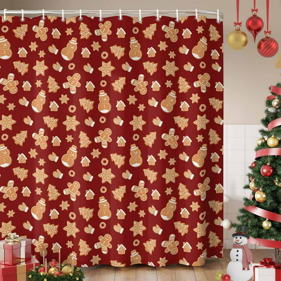 Red Christmas Shower Curtain, Xmas Gingerbread Winter Snowman Tree Waterproof Fabric Shower Curtains with 12 Hooks, Bathroom Curtain Set for Bathroom Accessories Decor, 66 x 72 Inches