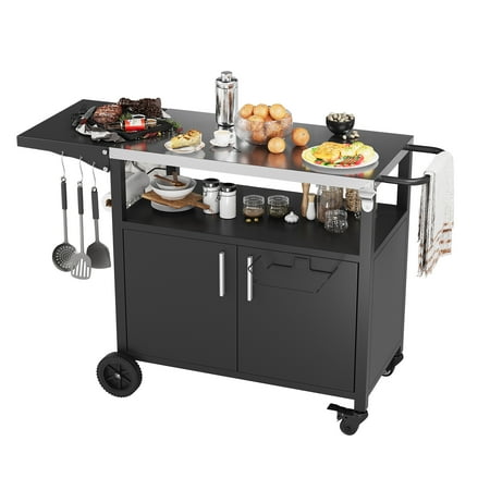 Walsunny Outdoor Grill Cart with Storage Patio Kitchen Island Outdoor Grill Table with Wheels BBQ Cart Movable Pizza Oven Table Stand Storage Cabinet Foldable Tabletop Black