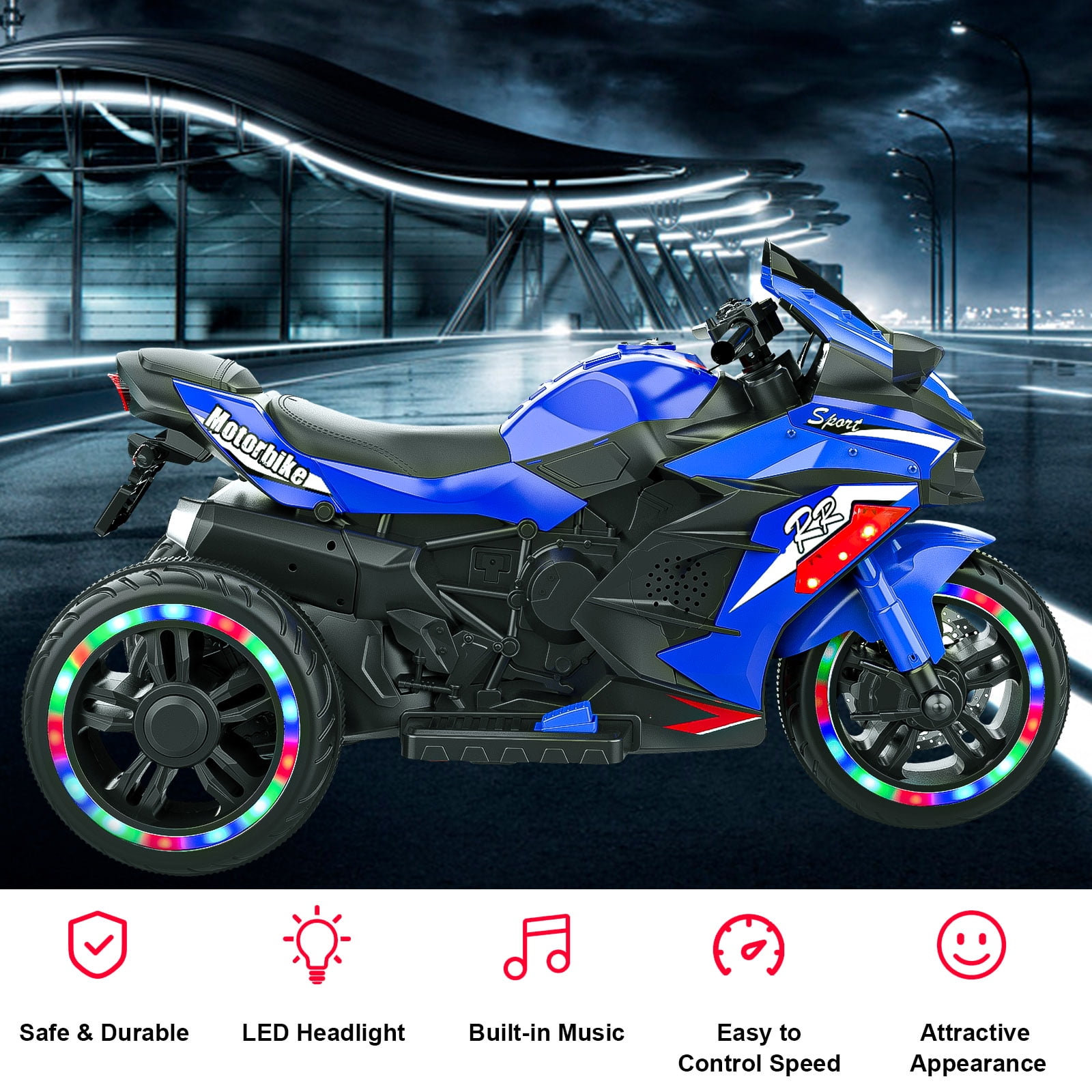 TECHVIDA Electric Motorcycle for Kids,12V Motorcycle for Kids, Battery Powered 3 Wheels Motorcycle Toy with Bluetooth, Music,Light,Blue
