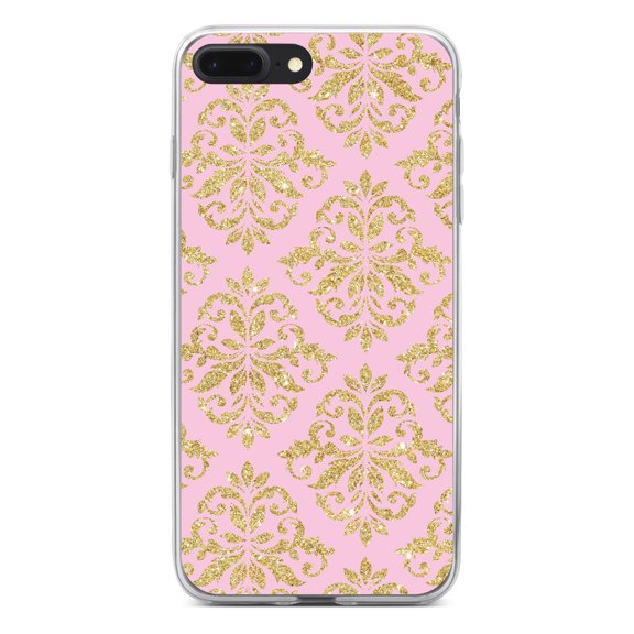DistinctInk Clear Shockproof Hybrid Case for iPhone 7 PLUS / 8 PLUS (5.5" Screen) - TPU Bumper, Acrylic Back, Tempered Glass Screen Protector - Pink & Gold Print - Damask Pattern
