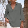 thumbnail image 2 of Ecqkame Womens Cotton Linen Tops 3/4 Length Sleeve V Neck Pullover Lightweight Tunic Blouse Loose Everyday Shirts Dark Gray L, 2 of 8