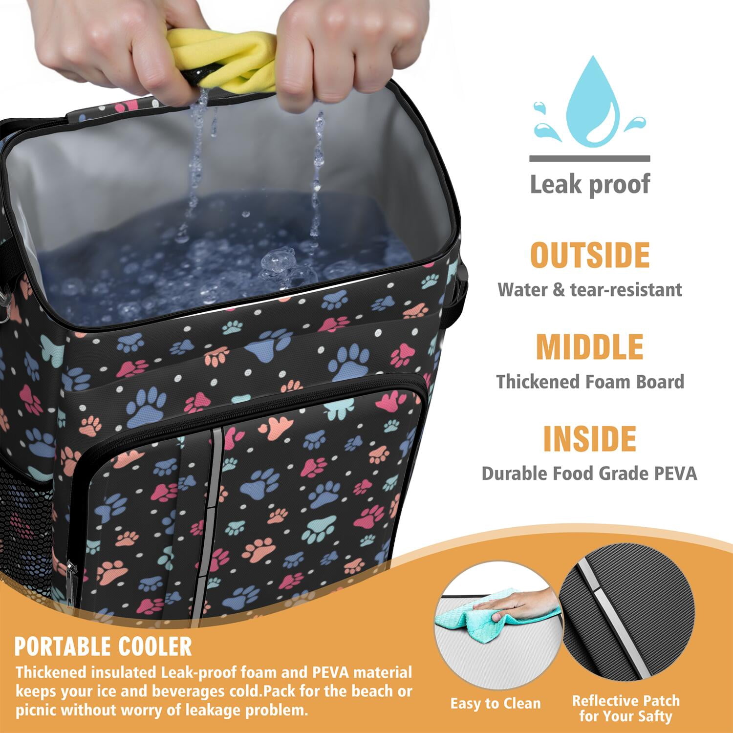Travel Cooler Bag - Black Dog Paw Footprint Camping Beer Cooler Backpack with Bottle Opener- Waterproof Insulated Picnic Backpacks - Cooler Bag for Beach