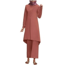 ZACPNCV Women Spring Solid Color Muslim Solid Color Long Sleeve Shirt Coat Wide Leg Trousers Casual Suit Orange