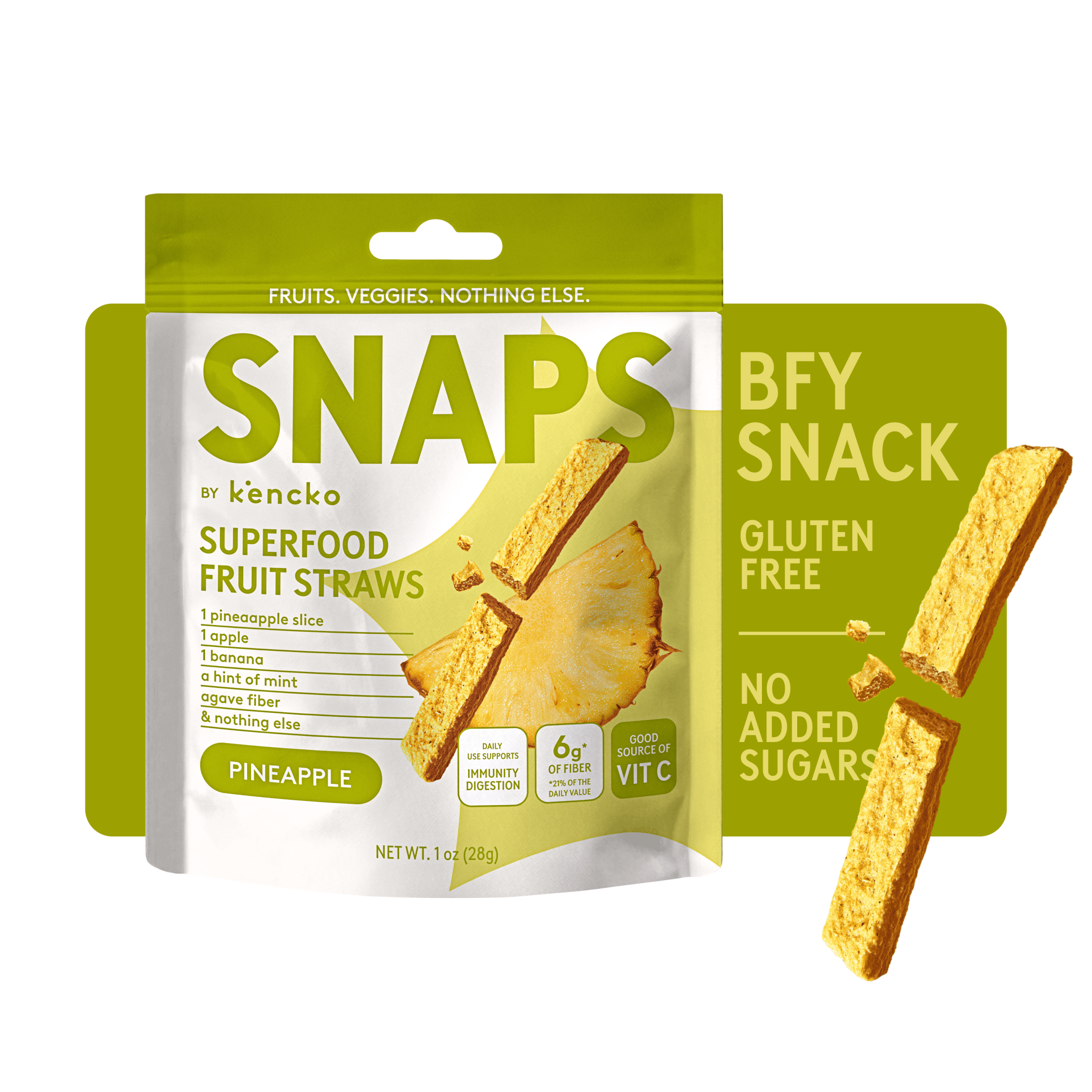 Kencko Pineapple Snaps, Superfood Fruit Straws, 1 oz Resealable