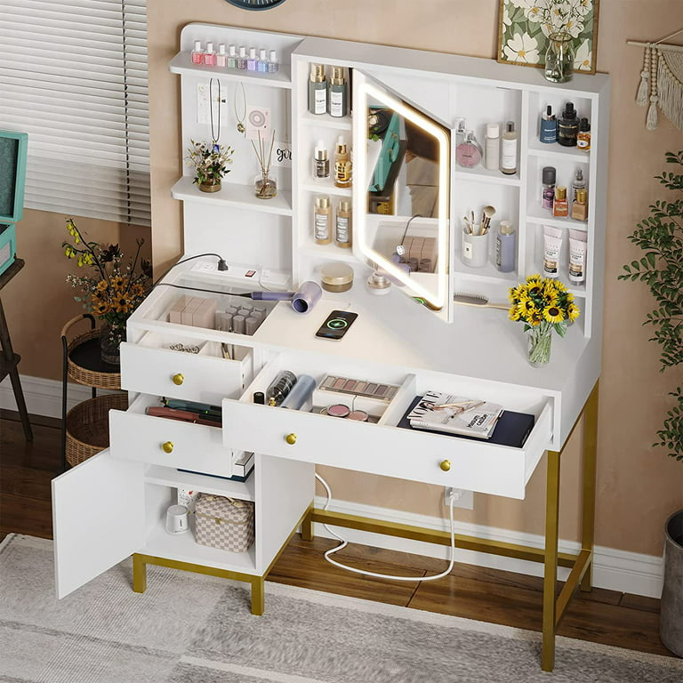 White Vanity Set Desk Table with 3 Colors Lights, Modern Dressing Desk with  Mirror and Charging Station and Storage Shelves for Bedroom 
