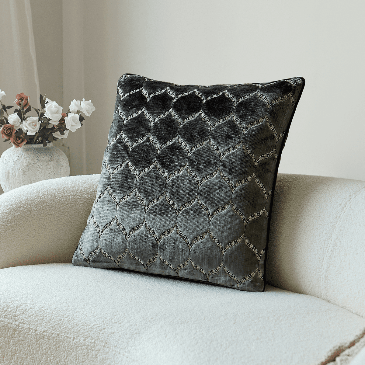 Square Diamond Plaid Striped Embroidery Cut Velvet Cushion Case Luxury Modern Throw Pillow Cover Decorative Pillow for Couch Sofa Living Room Bedroom Car, Silver 24" x 24"