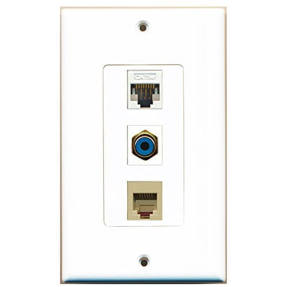 RiteAV - 1 Port RCA Blue and 1 Port Phone RJ11 RJ12 Beige and 1 Port Cat5e Ethernet White Decorative Wall Plate Decorative