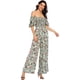 thumbnail image 4 of Love Welove, moda para mujer, pantalones de pierna ancha de cintura alta de manga corta Floral, mono informal holgado recogido, mono verde de flor de ciruelo grande, 4 of 5