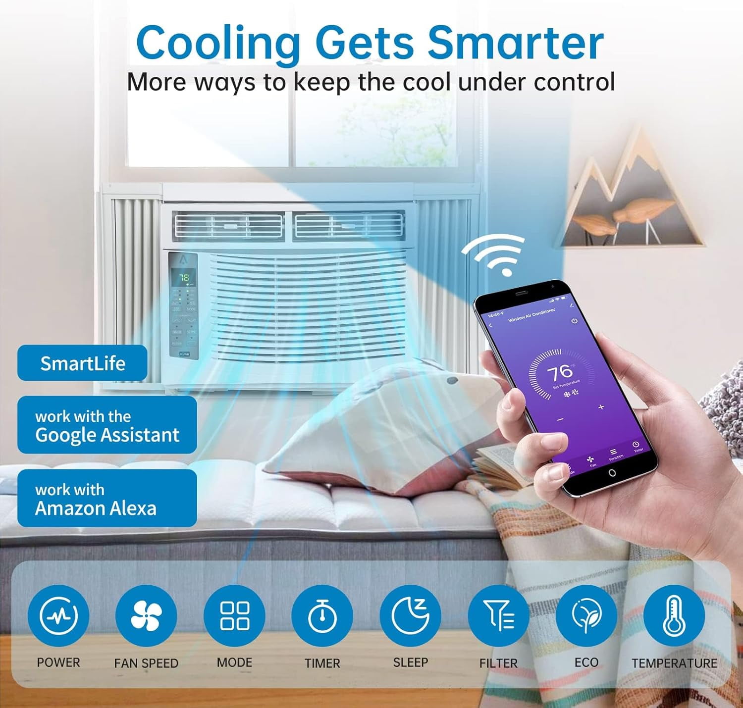 6000 BTU Window Air Conditioner, Smart WiFi & Remote Control, Quiet 50dB AC Unit for Rooms Up to 250 Sq. Ft., 24H Timer, Energy-Saving ECO & Sleep Mode, Easy Installation Kit Included, White