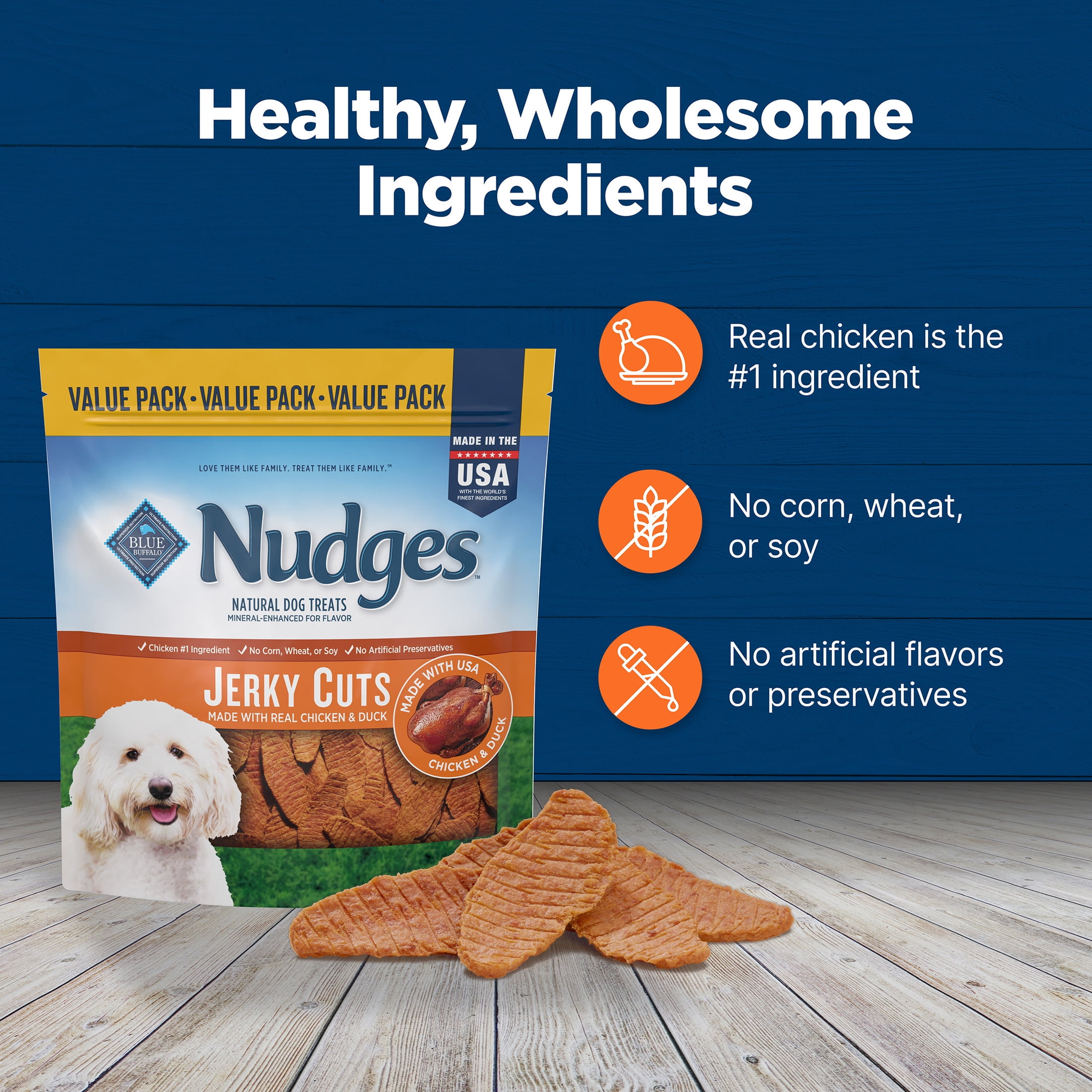 (3 pack) Blue Buffalo Nudges Jerky Cuts Dog Treats Made with Real Chicken & Duck, 36-oz. Bag