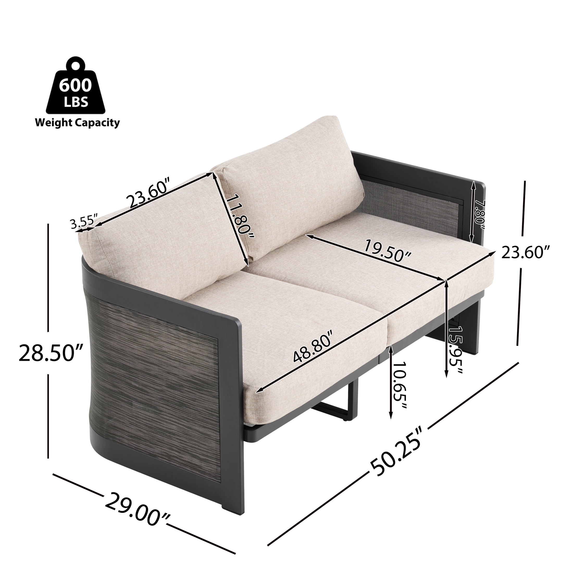 Christopher Knight Home Modern Outdoor Aluminum 50" Loveseat, Black Finish with Beige Cushion