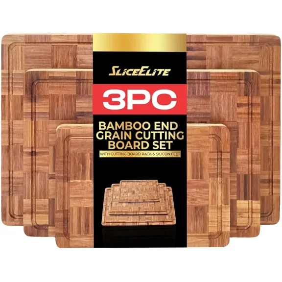 SliceElite 3-Piece Extra Large End Grain Bamboo Cutting Board Set with Holder