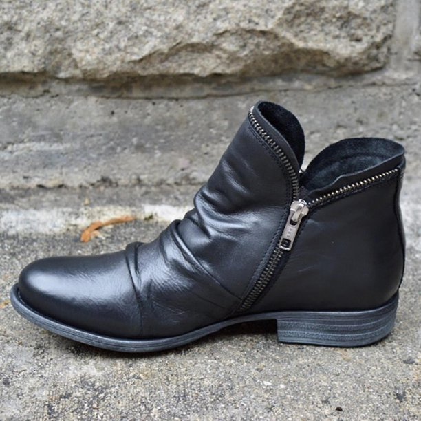Botas de piel de tacón bajo estilo retro para mujer, con cremallera, de color liso