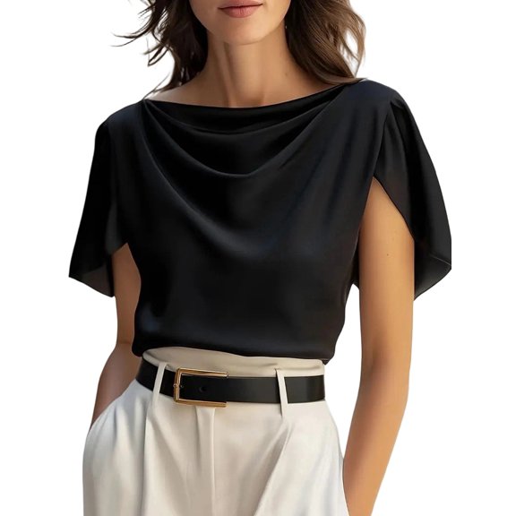 Women's Short Sleeve Cowl Neck Dressy Shirts Clothes Outfits Tops for Casual Summer Black S
