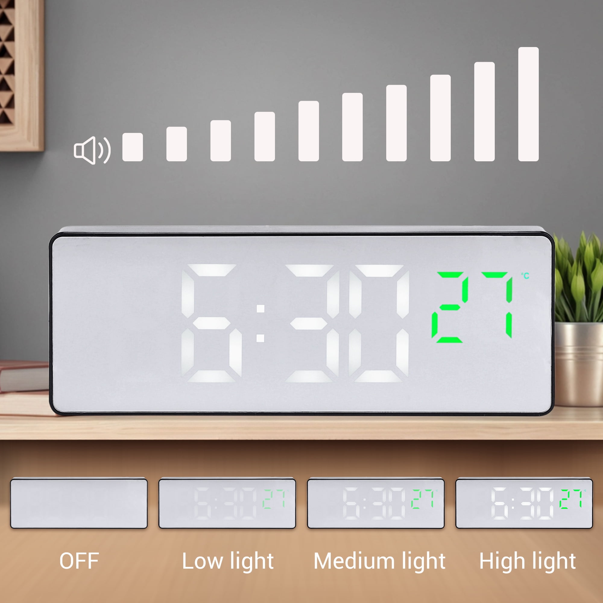 Unique Bargains Mirror Alarm Clock with Triple Alarm Functions 6.3"L x 1"W x 2.4"H