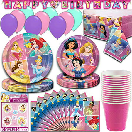 Disney Princess Party Supplies, Serves 16 - Dinner Plates, Dessert Plates, Napkins, Tablecloth, Cups, Balloons, Birthday Banner, Stickers - Full Tableware, Decorations, Favors