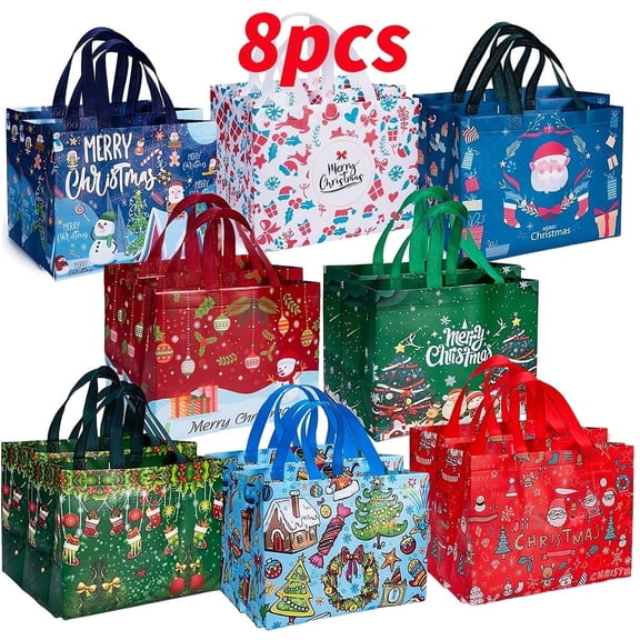 8 Pack Christmas Gift Bags, Reusable Christmas Tote Bags with Handles, Non-Woven Holiday Gift Bags for Christmas Gift Wrap/Party Favor Supplies, 12.8x6.7x9.8"