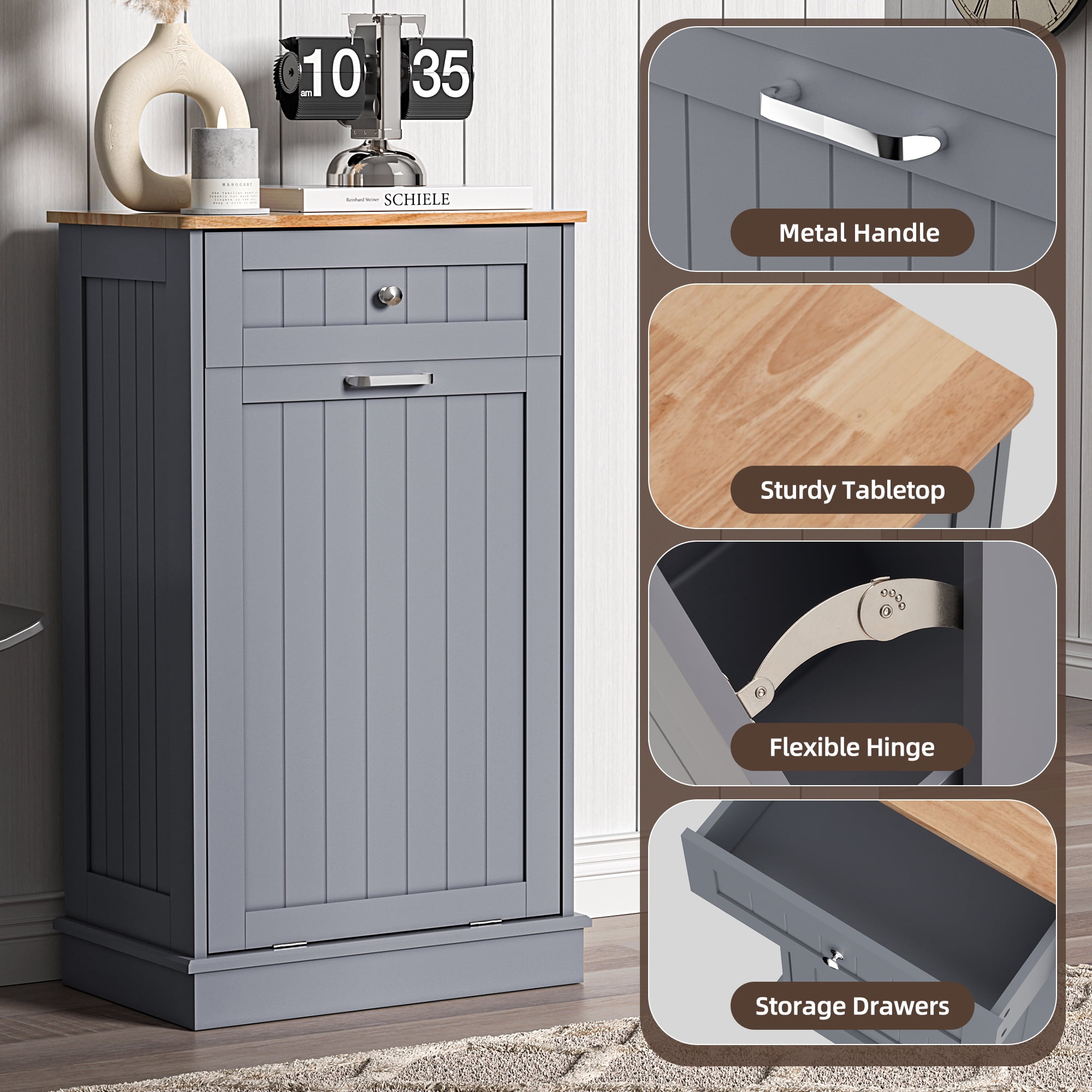 HARIPUL Single Tilt Out Trash Cabinet for 13 Gallon Waste Bin, Free Standing Kitchen Trash Can Cabinet with Drawers, Blue