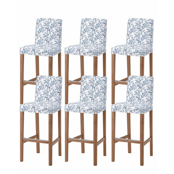 Navy Blue Spring Floral Bar Stool Covers Set of 6, Elegant Pastoral Flowers Stretch Washable Bar Chair Covers with Backs, Removable Pub Counter Height Chair Cover for Kitchen Dining Room Cafe