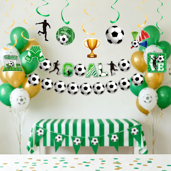 Weekend Party Decoration Set - Goal! Soccer-Themed Banners and Spiral Hanging Decorations for Celebrations