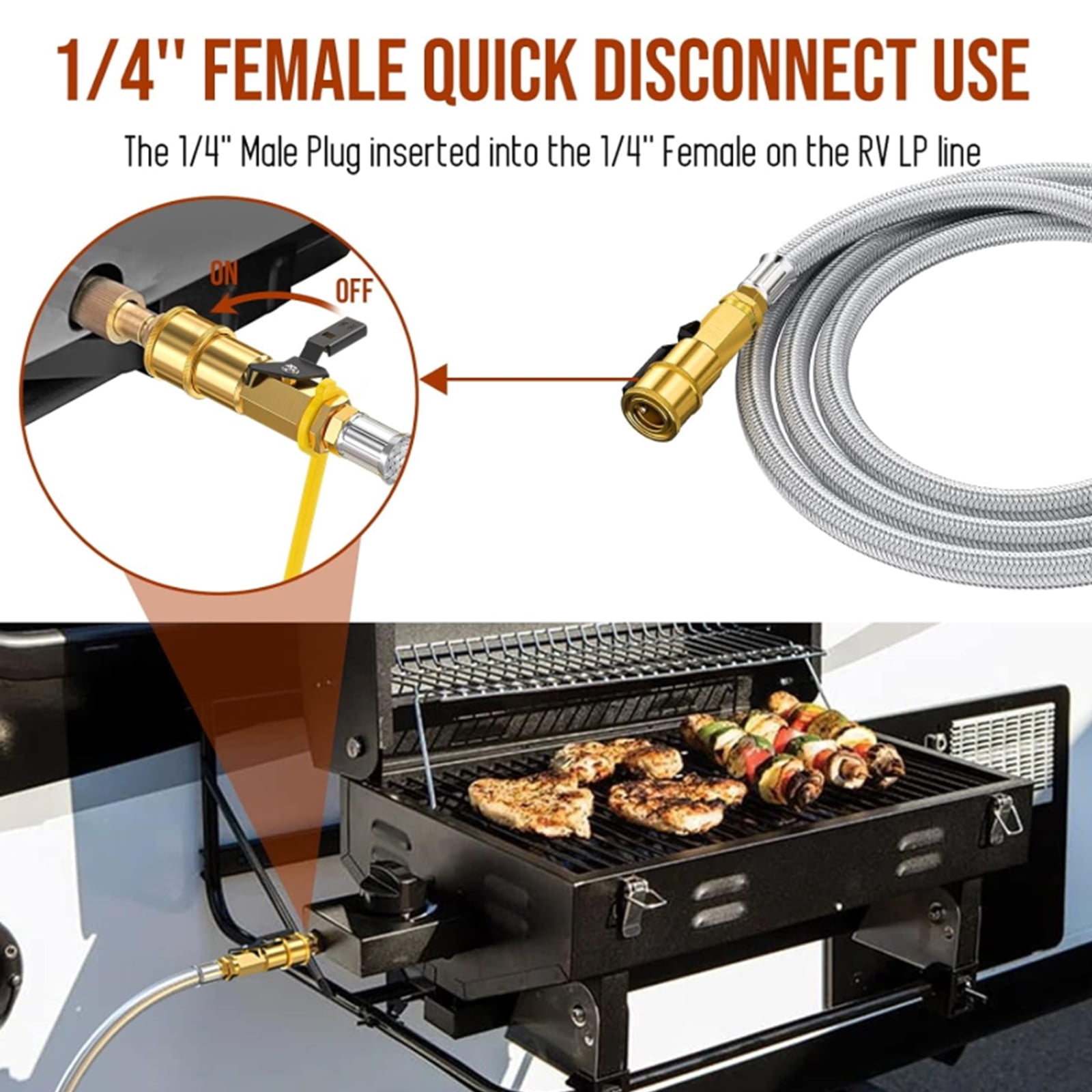 PatioGem 7FT Quick Connect Propane Hose for RV to Grill, Propane Hose Adapter with 1/4" Shutoff Valve and 1/4" Male Full Flow, Stainless RV Hose with Elbow Adapter for 17" and 22" Blackstone Griddles