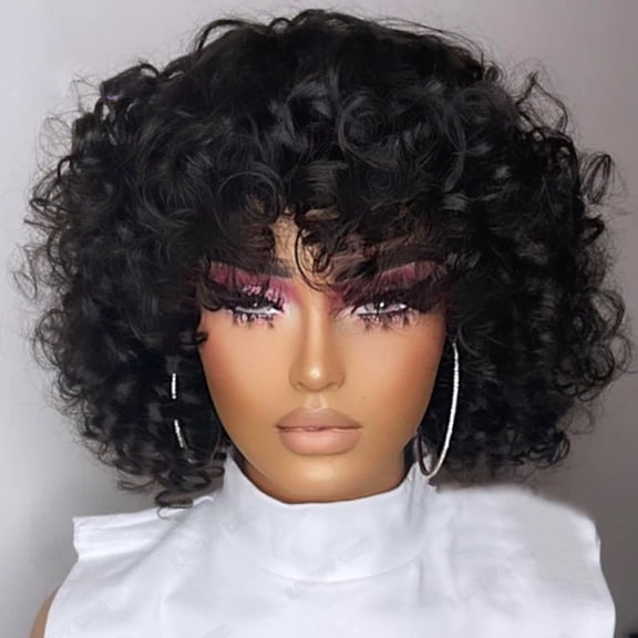 Typpkmm - Compact Afro Rose Curly Funmi Wigs with Bang Short Bouncy Curly Bob Wig with Bangs Machine Made Rose Curl Human Hair Wig for Women Black