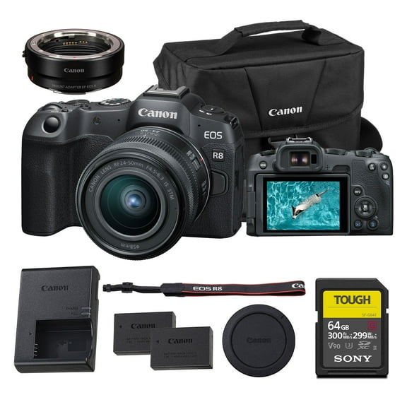 Canon EOS R8 Mirrorless Camera – 24.2MP Full-Frame RF Camera with 4K 60p Video, Dual Pixel AF II & Lightweight Design (with 24–50mm Kit) (5803C012)   Canon Adapter EF-EOS R   64GB Memory Card   More