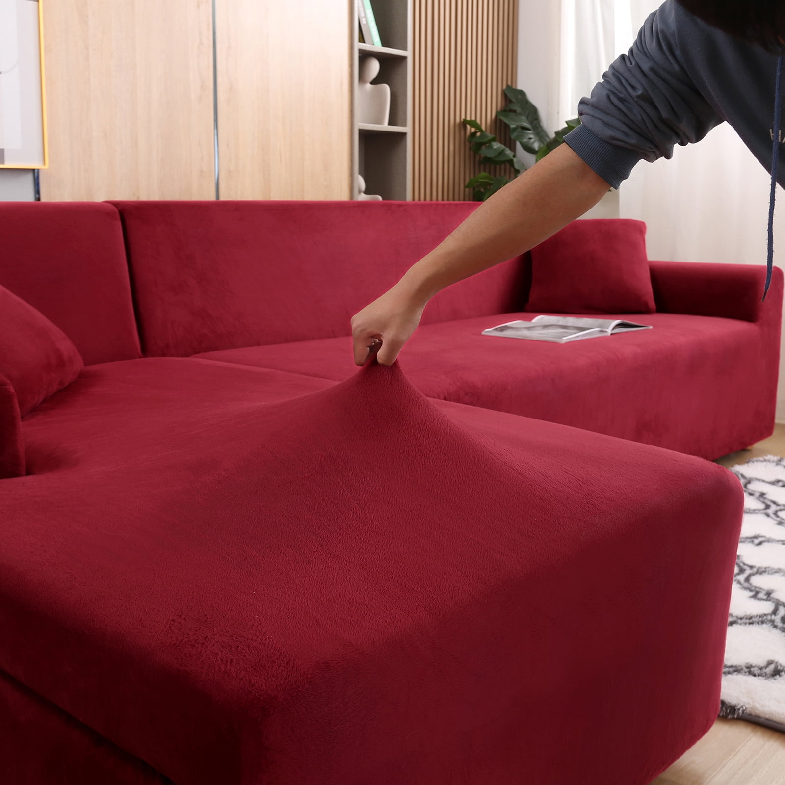 SHANNA Sectional Sofa Slipcovers Thick Velvet L Shape Couch Covers, 2Pcs Stretch Anti-Slip Sofa Covers 3 Seater + 3 Seaters Chaise Cover Furniture Protector,Burgundy