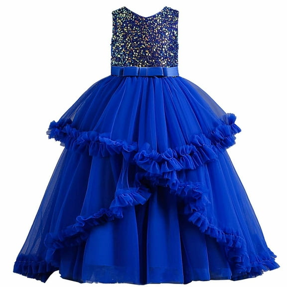 USNSM (4-12 Years) Middle-Aged Children' Baby Girls Sleeveless Mesh Sequined Dress Casual Fashion Princess Dress Blue 11-12 Years