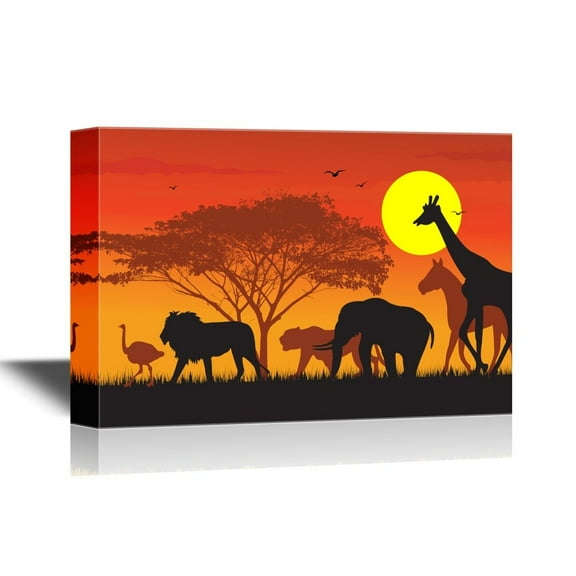 wall26 - African Savanna Sunset Canvas Wall Art - Wild Animals and Acacia Tree on African Savannah at Sunset - Gallery Wrap Modern Home Art | Ready to Hang - 12x18 inches