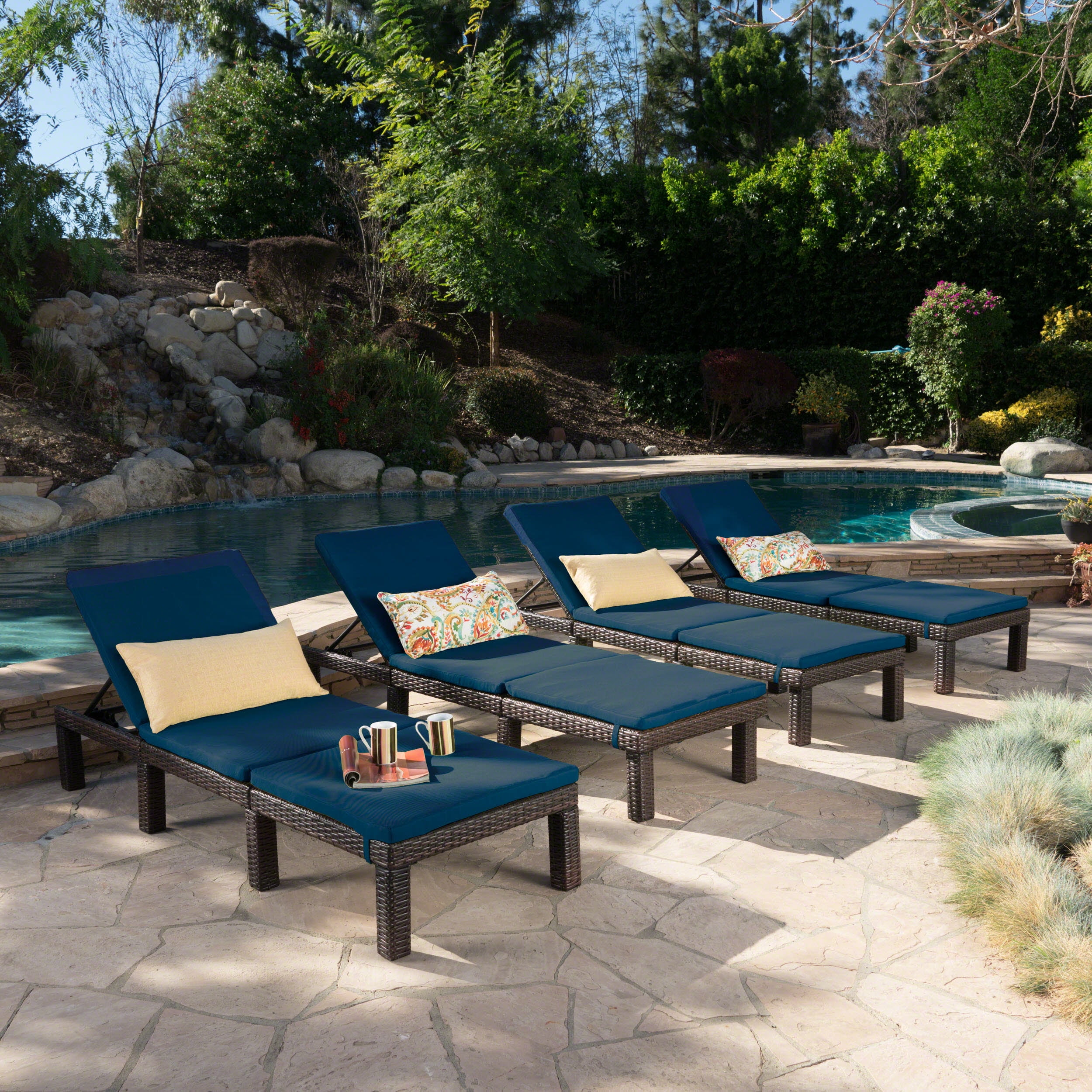 Lilyana Outdoor Chaise Lounge With Cushion, Set of 4, Multibrown, Blue