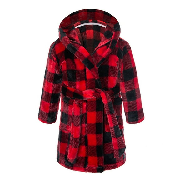Povozer Hooded Plush Robe for Boys Fluffy Winter PJ Robe Hoodie & Belt(O,1-2Y)