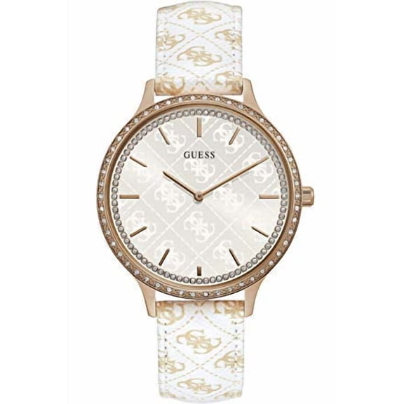 GUESS LADIES ROSE GOLD TONE CASE WHITE GENUINE LEATHER WATCH w1229l3