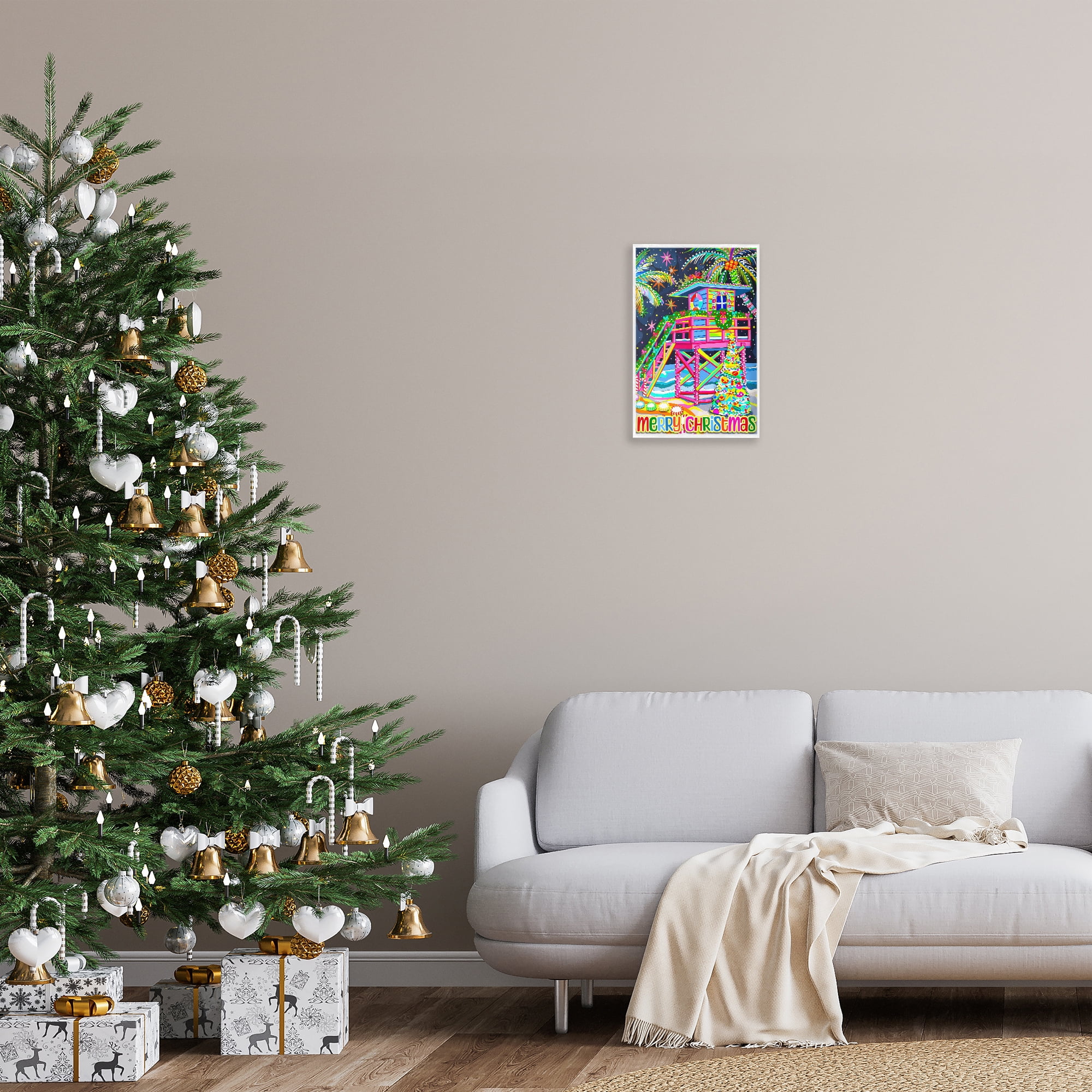 Stupell Industries Whimsical Seaside Christmas Holiday Painting White Framed Art Prints Wall Art, 12 x 18