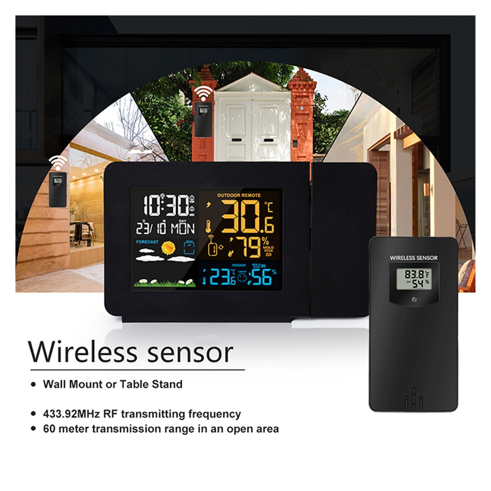 3 Outdoor Sensors Projection Alarm Clock Weather Station Colorful Backlight With Humidity in/outdoor Temperature Time Projector ,Easy to Operate