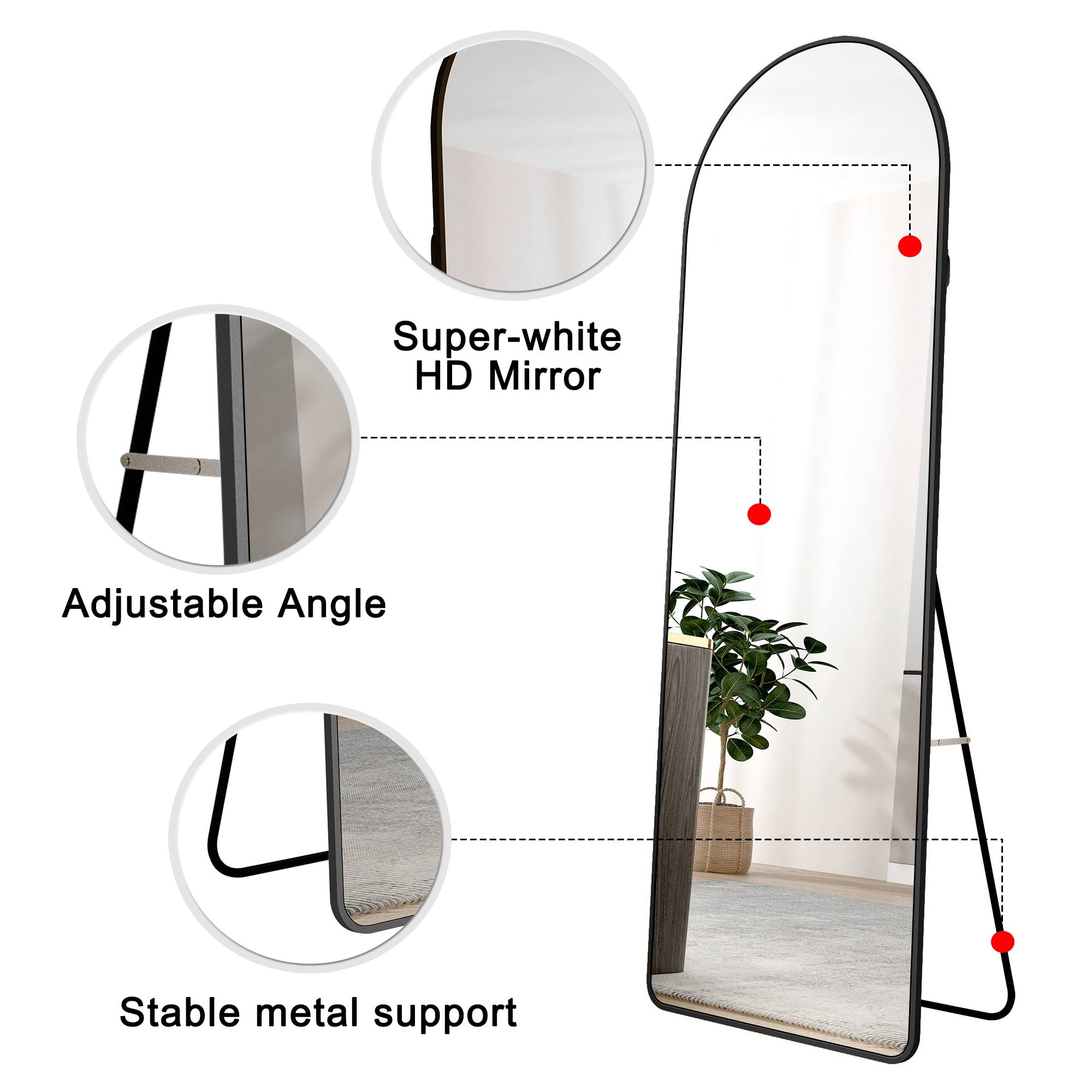Noble House Black Metal Arched Full-Length Mirror,High-Definition Explosion-Proof Glass,Black