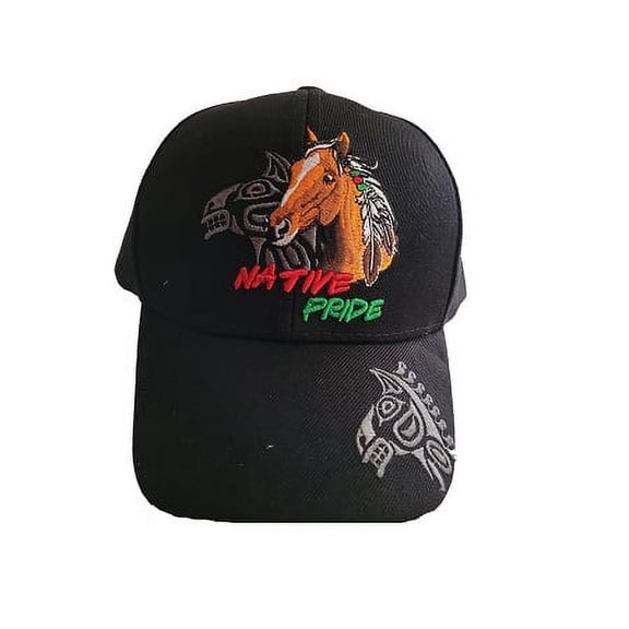 Horse & Feather Native Pride Baseball Cap Embroidered - Black Color Uni-Sex Style  -- FREE USA Shipping--(CapNp512b)