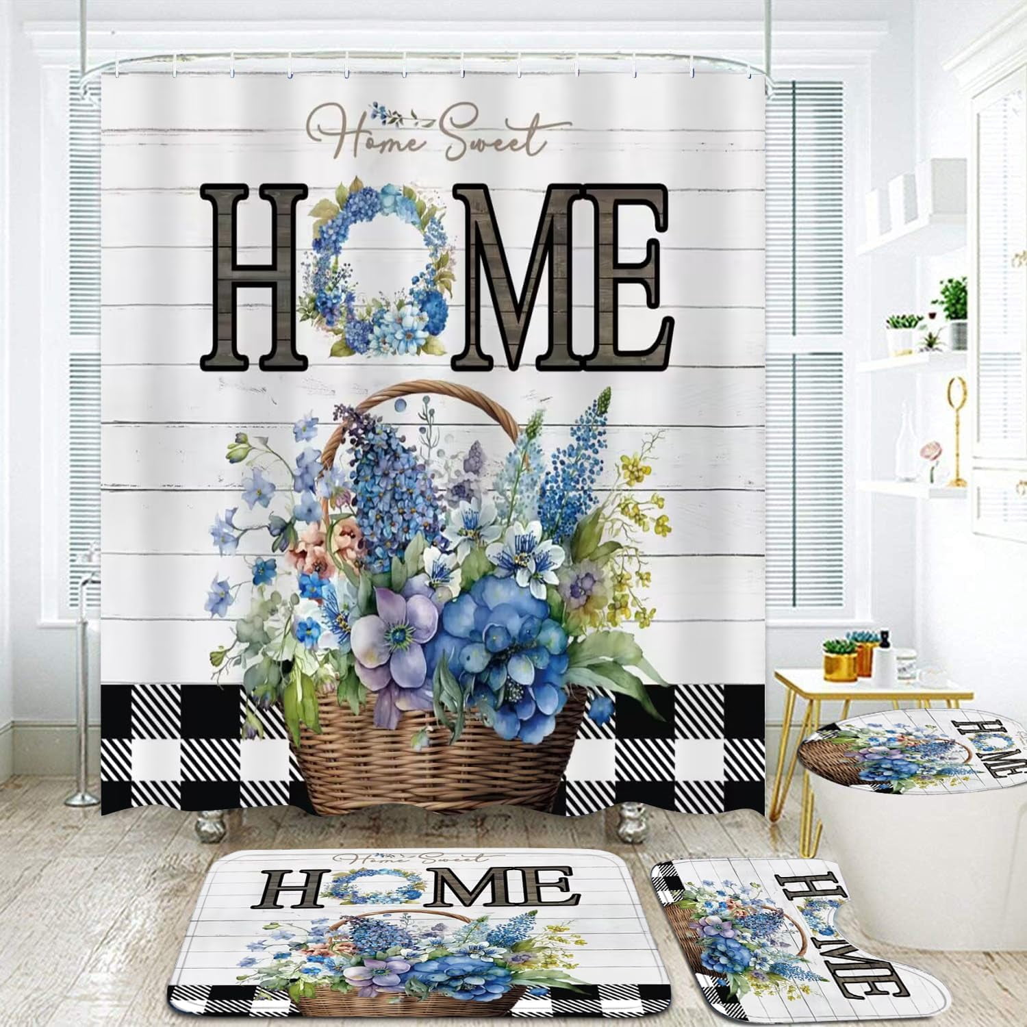 Blue Flower Shower Curtain Set Home Sweet Home Bathroom Sets Rustic Shower Curtain Set with Rugs,Bathroom Shower Curtain Set with Carpet Bath Mat Toilet Rugs