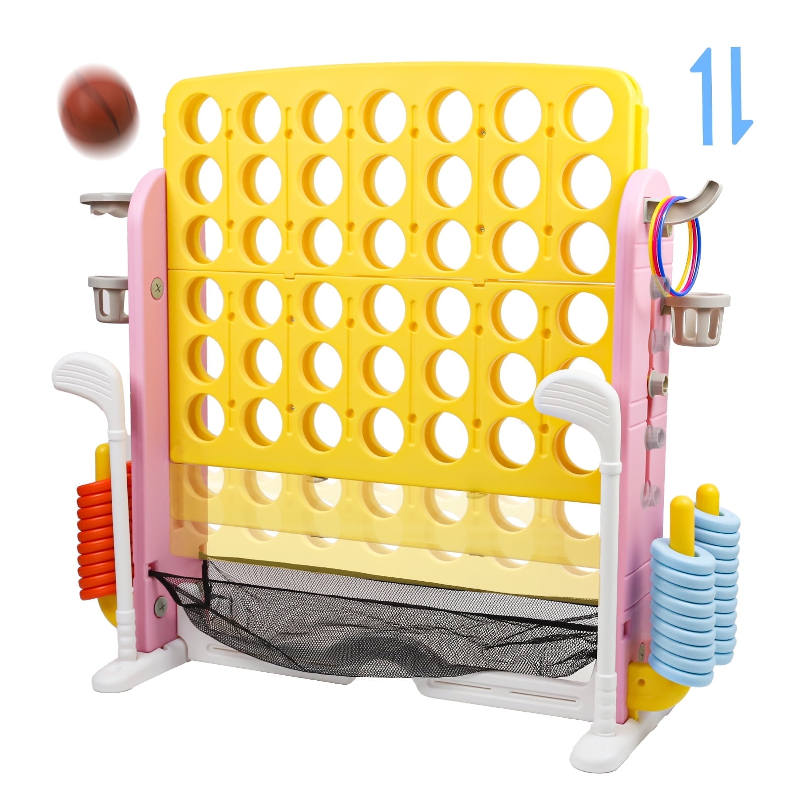 Wdmiya Jumbo 4-to-Score Giant Game Set, 4-in-a-Row Connect Game for Adults Kids Family Fun, Indoor Outdoor Adjustable Height Yard Family Game with w/ Golf Set, Basketball Hoop, Yellow Pink