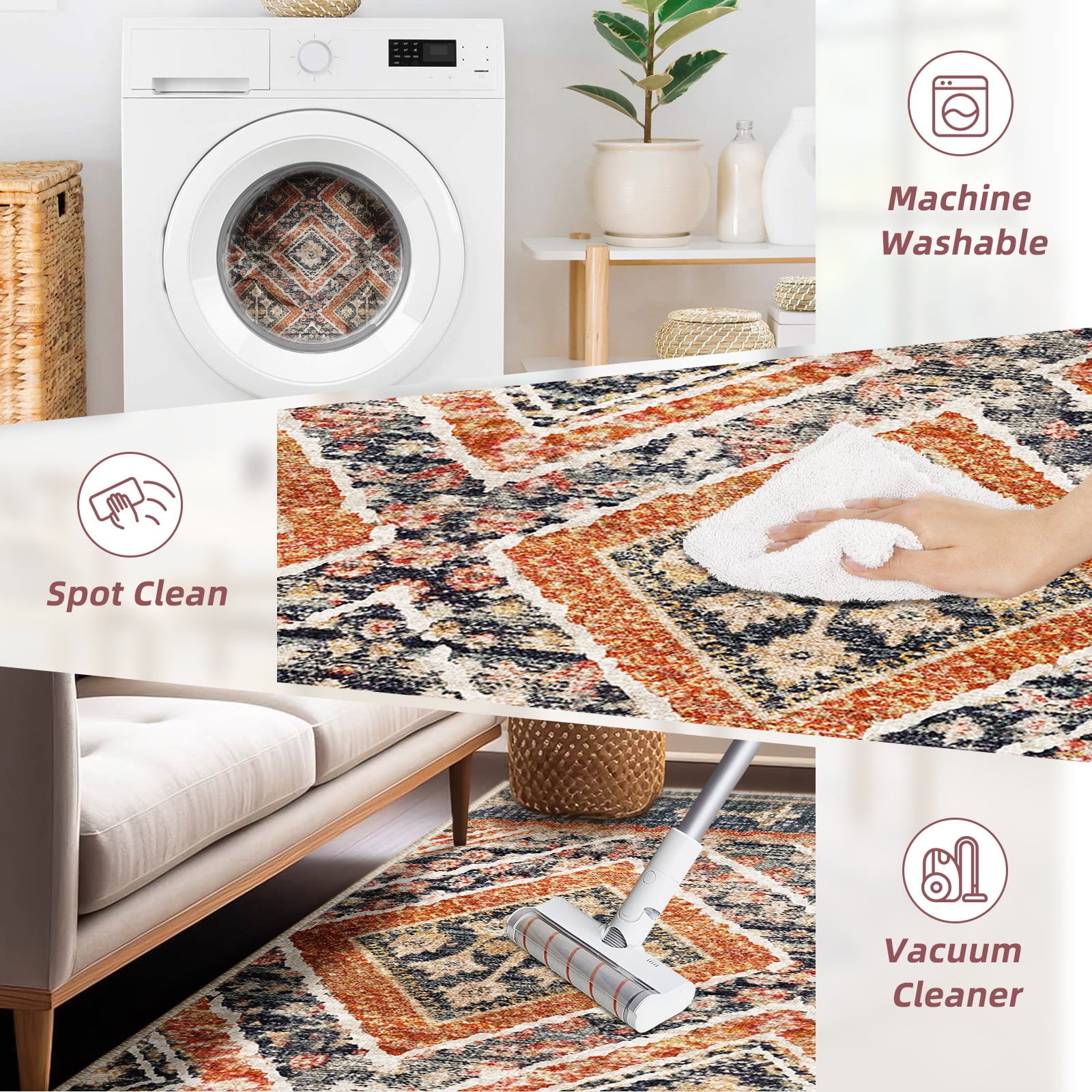5'x7' Area Rugs for Living Room, Machine Washable Non-Slip Carpet, Soft Faux Wool Low Pile Moroccan Farmhouse Western Rug, Orange