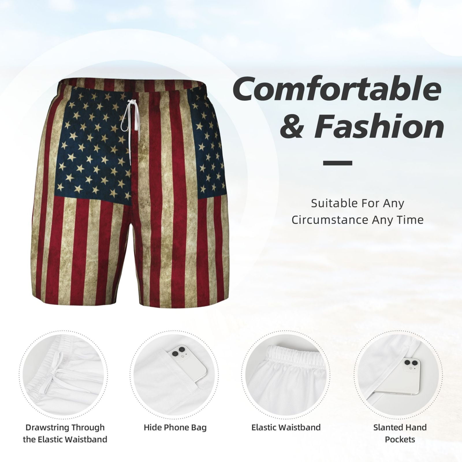 Men's Retro Old America Flag Swim Trunks with Compression Liner Bathing Suit Swimwear