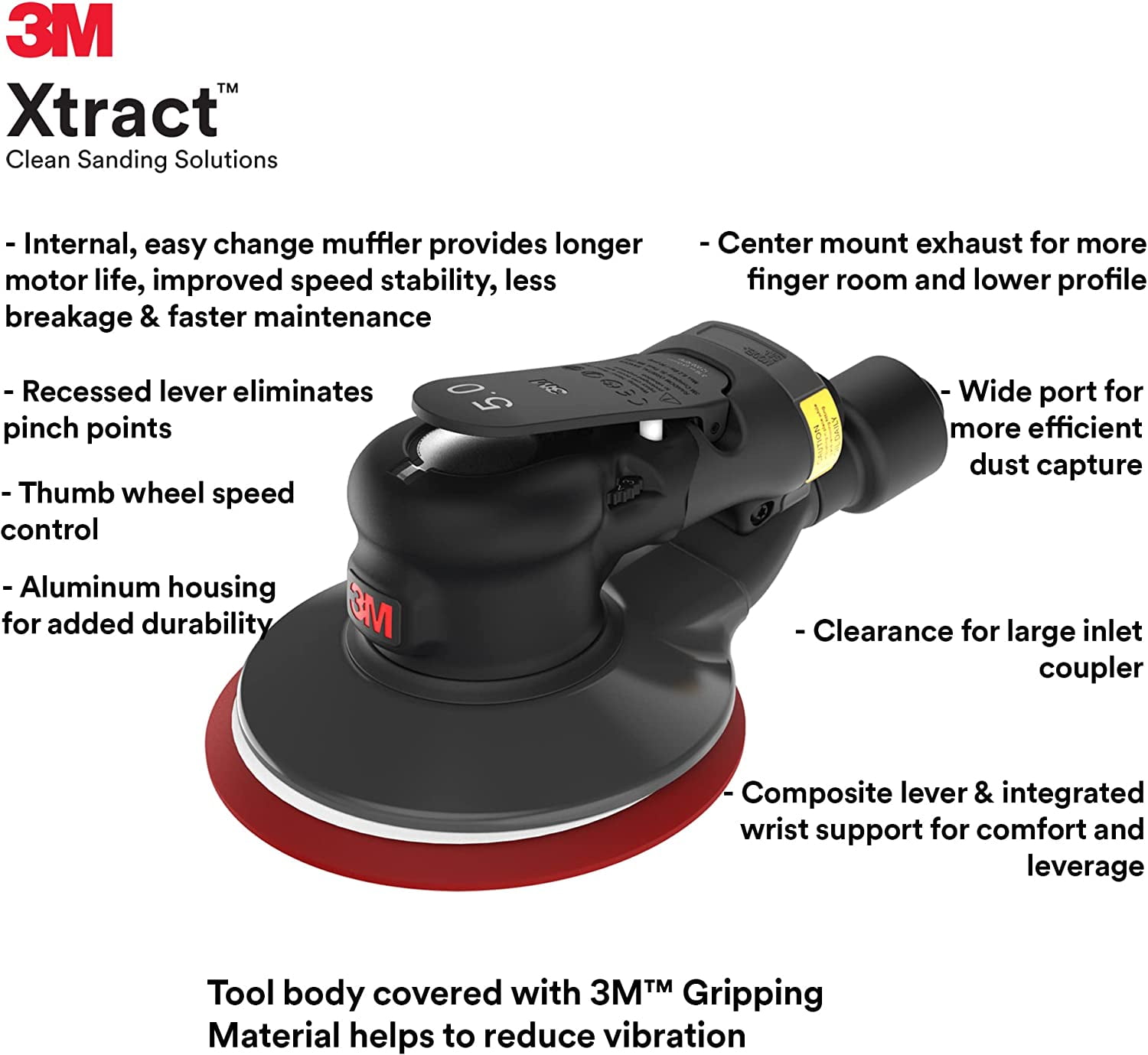 3M Xtract Pneumatic Random Orbital Sander, 88957, 6 in, Self-Generated Vacuum, 3/32 in Orbit, 1 ea/Case