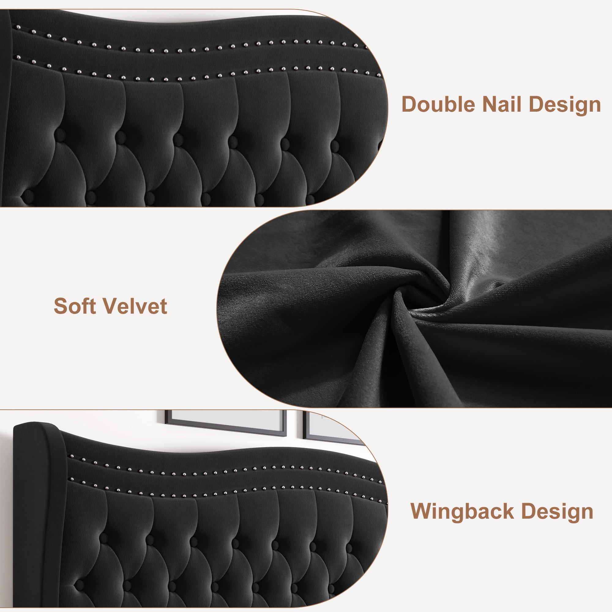Gewnee King Bed Frame with 52'' Tall Headboard Velvet Upholstered Bed Frame,Double Nail & Wingback Design Platform Bed Frame.Black