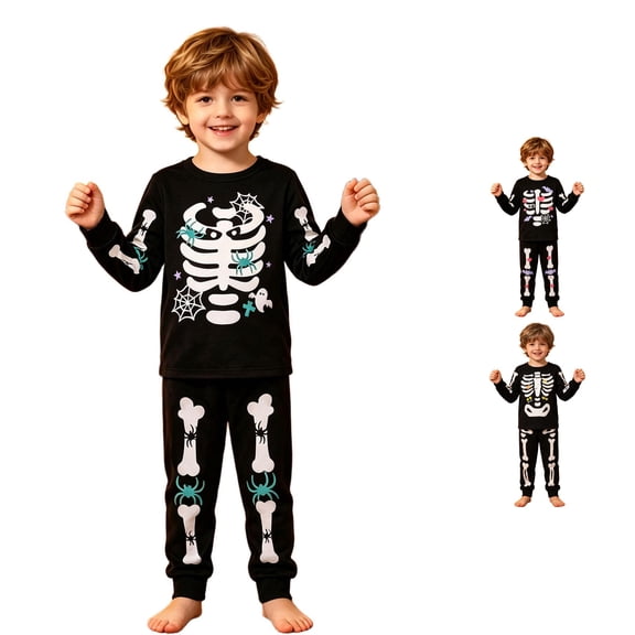 JAJAHO Toddler Boys Halloween Pajamas Glow In The Dark Skeleton Pjs 2 Piece Pant Sets Kids Halloween Clothes 2-8T